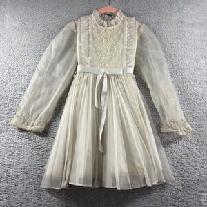 Vintage Madonna by Haddad Dress Girls 7 Ivory White Lace Sheer Ruffles USA